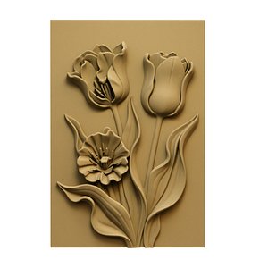 Modern Tulips Floral Relief wall decor STL Mural CNC 439 3D