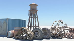 3D model wheels barrels shipping container