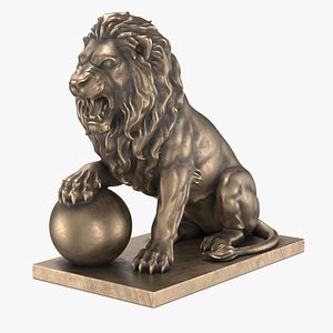 Lion Statue Sitting With Globe Angry Bronze