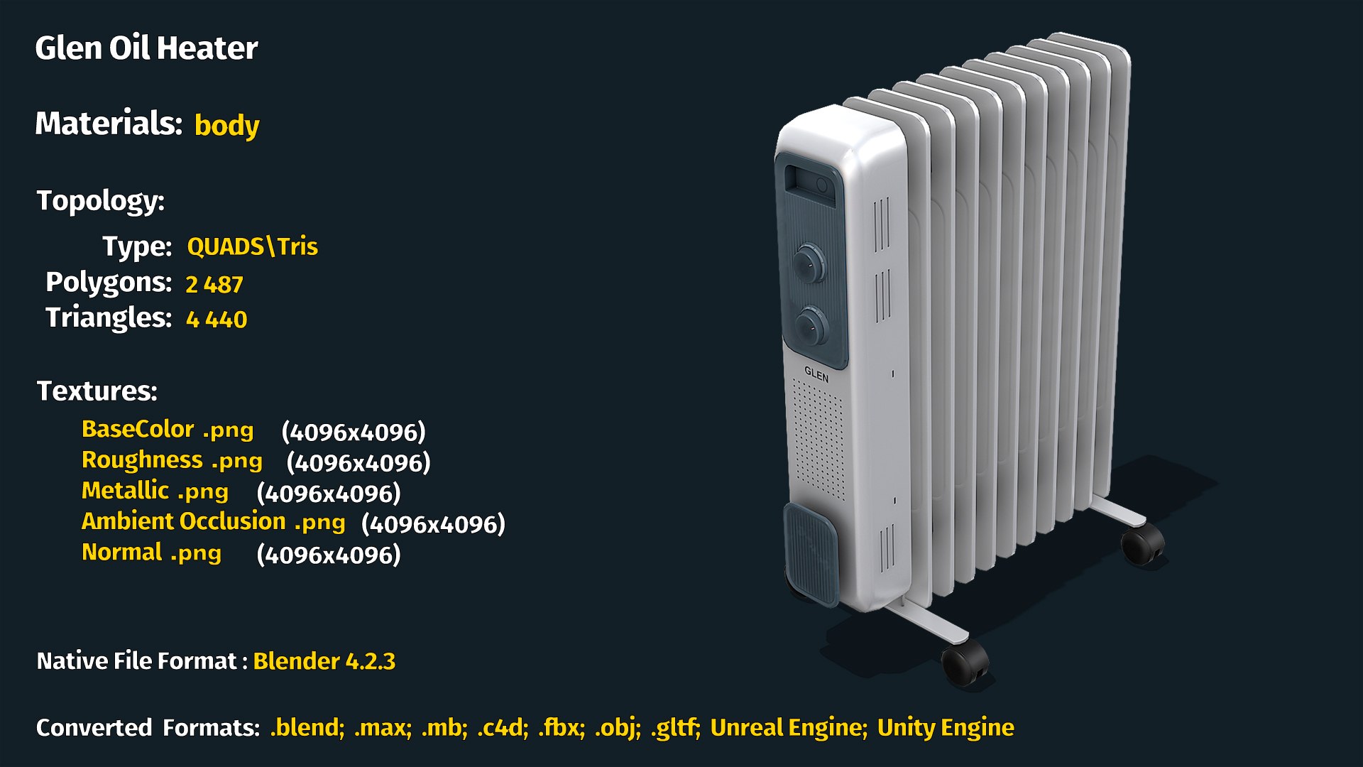 Glen Oil Heater model https://p.turbosquid.com/ts-thumb/wc/qCNRv7/97/info/jpg/1736455868/1920x1080/fit_q87/398bdf48f82f7dd77e226c04fb054690d1782bd0/info.jpg
