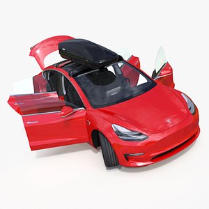 Tesla with Thule Car Roofbox on Roof Rack Rigged(1)