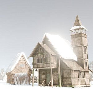 3D Winter snowy medieval village model