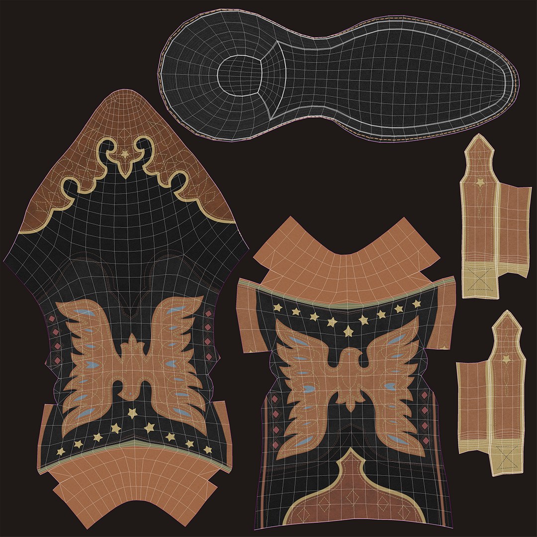 Eagle Star Cowboy Black Boots 3D model https://p.turbosquid.com/ts-thumb/wf/m7TMaz/qK/uv_black/png/1766923471/1920x1080/fit_q87/e7a408d339118d5ca592d76f2293023e9fc3b3d1/uv_black.jpg