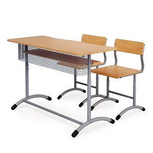 3D model Chairs and school desk for two students Extra