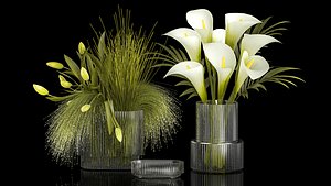 3D Set of bouquets of green flowers Calla tulip vase 361