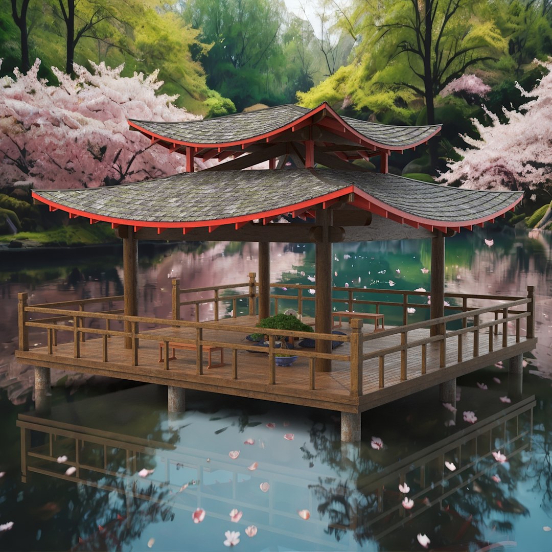 Traditional Japanese Pagoda with Seating Area 3D model preview