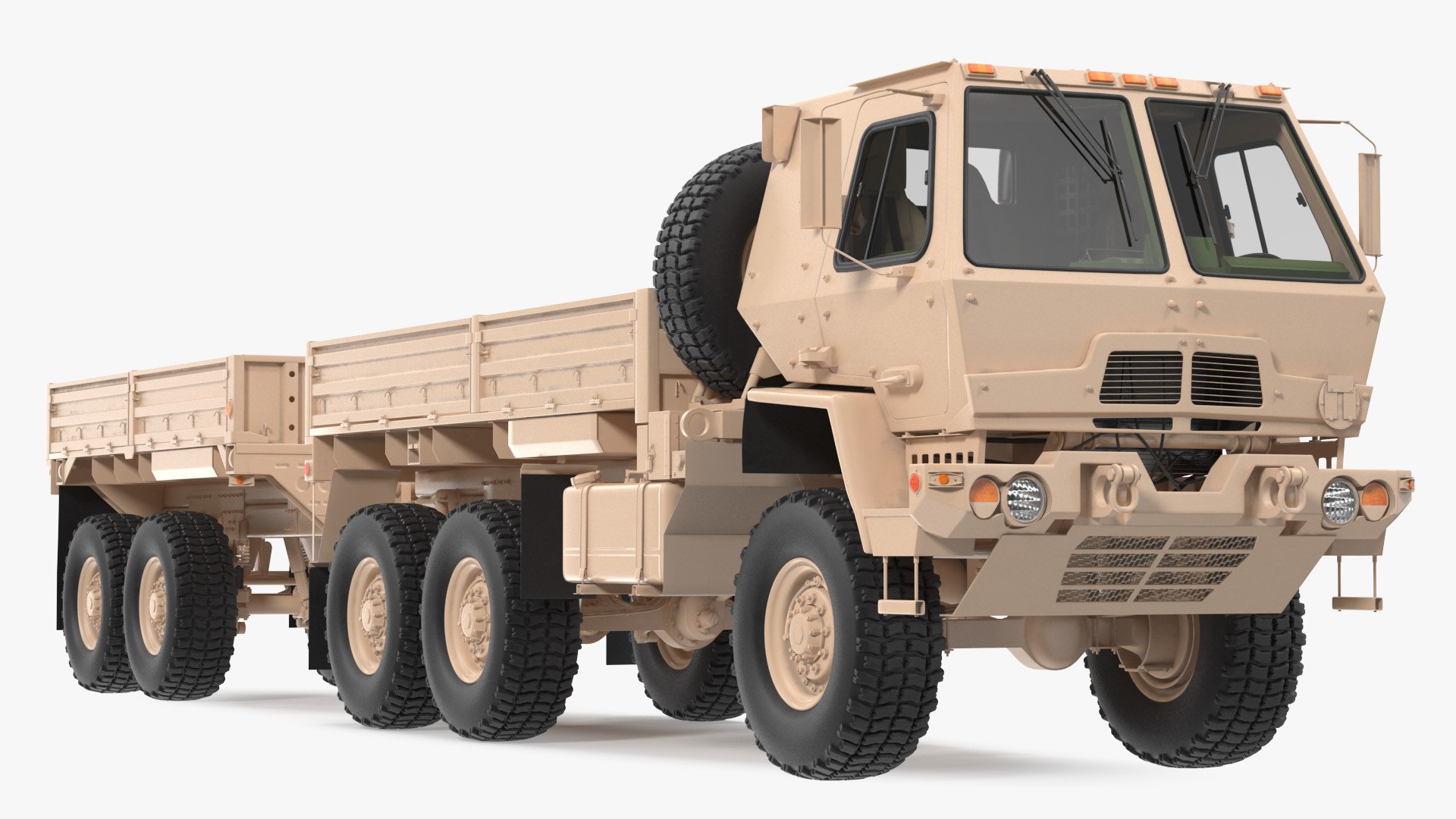 Oshkosh FMTV Cargo Truck 6x6 with Drop Side Trailer M1092 Sand 3D model preview