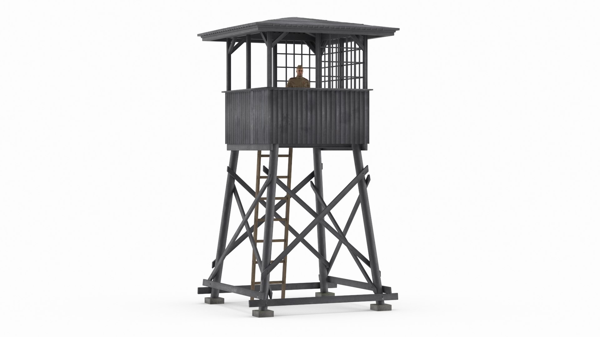 Military Lookout Tower with Rifleman WWII 3D model preview