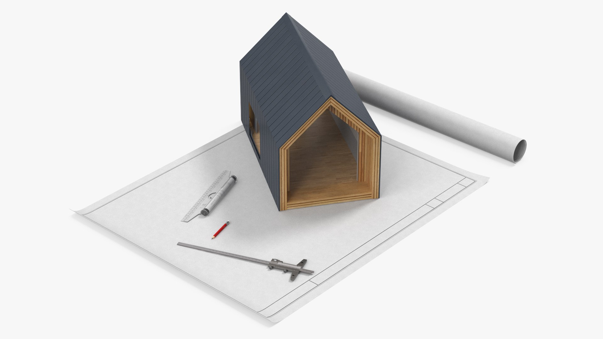Architectural Draft with Model House 3D model preview