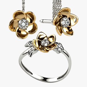 Flower Shape Mixed Gold Ring and Earrings 3D model