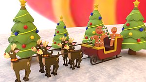 Christmas sleigh With Deers And decoration model