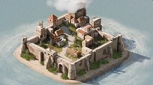Medieval Island Fortress Village Stylized 3D Environment 3D model