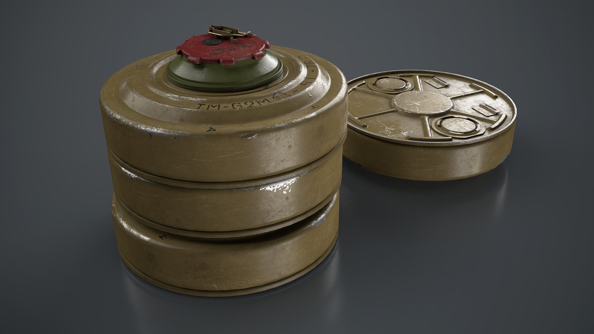 3D TM-62M Anti-Tank Mine model https://p.turbosquid.com/ts-thumb/wo/udpbqr/wd/03_tm62m_render/jpg/1746893644/1920x1080/fit_q87/c6ec83f8417564bc142dd47dc43e5239f1a07f4e/03_tm62m_render.jpg