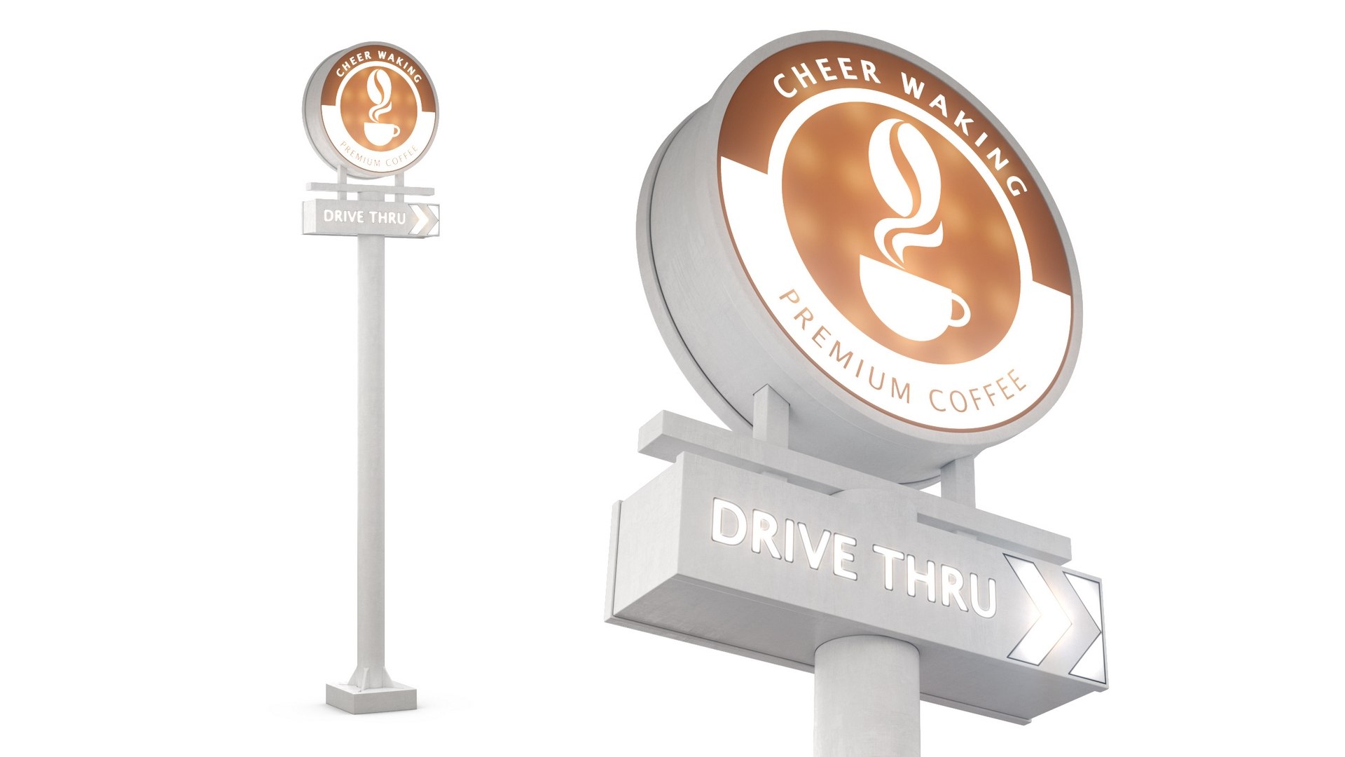 Tall Coffee Shop Drive Thru Signage Light On 3D model preview