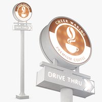 Tall Coffee Shop Drive Thru Signage Light On
