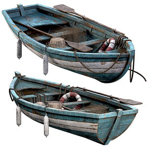 3D Blue Wooden Fishing Boat Medieval Style