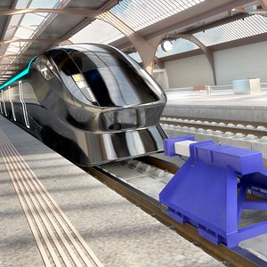 3D High-Speed Train with Blue Buffer Stop