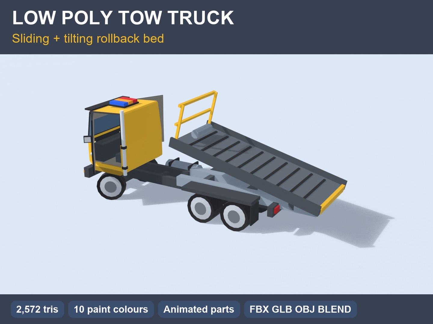 Cartoon Tow Truck 3D https://p.turbosquid.com/ts-thumb/wr/1n6cdu/5T/low_poly_tow_truck_01_hero/jpg/1790706466/1920x1080/fit_q87/bdc06a01d645afca71f51fdefd5799eaf65ce6bf/low_poly_tow_truck_01_hero.jpg