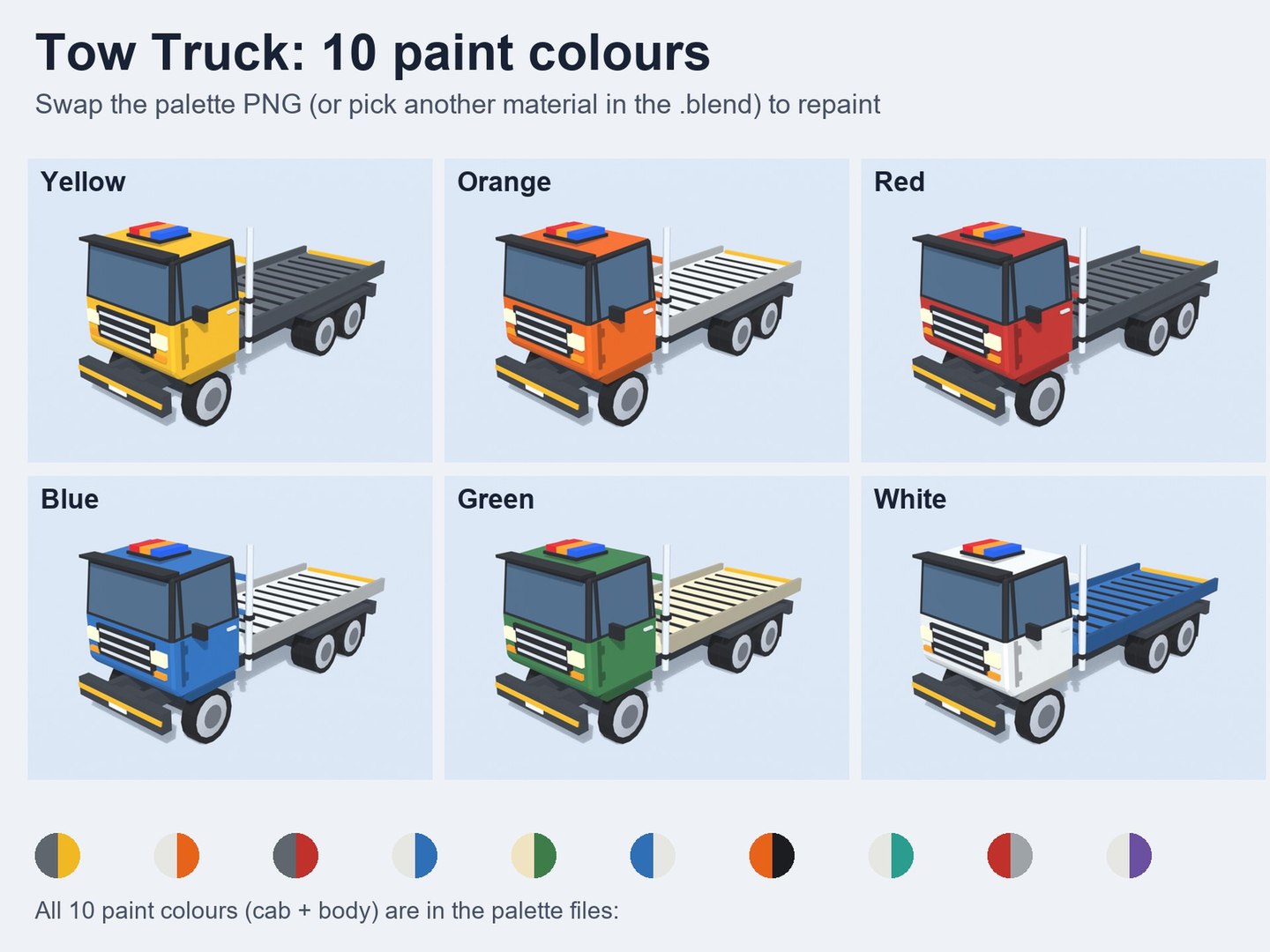 Cartoon Tow Truck 3D https://p.turbosquid.com/ts-thumb/wr/1n6cdu/NG/low_poly_tow_truck_06_colours/jpg/1790706469/1920x1080/fit_q87/20a2d31e8514502e7b4501087e1c82da161790f0/low_poly_tow_truck_06_colours.jpg