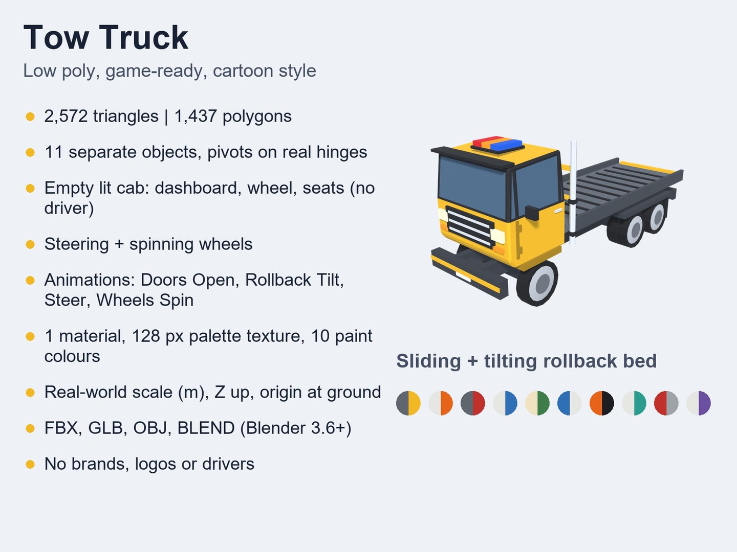 Cartoon Tow Truck 3D https://p.turbosquid.com/ts-thumb/wr/1n6cdu/TM/low_poly_tow_truck_07_features/jpg/1790706470/1920x1080/fit_q87/4741dc8857eb1d3f209958aa33c2878227bf88f7/low_poly_tow_truck_07_features.jpg