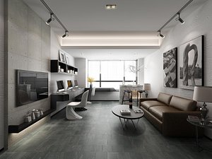 3D Modern minimalist living room - panel computer desk - bar model