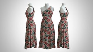 Woman Dress 2 Red Rose Green Floral model