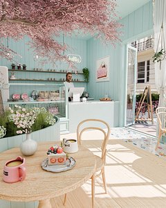 3D Cherry Blossom Cafe Blender Scene model