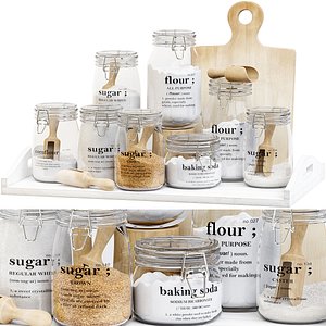 Set of glass jars for the kitchen with sugar and flour