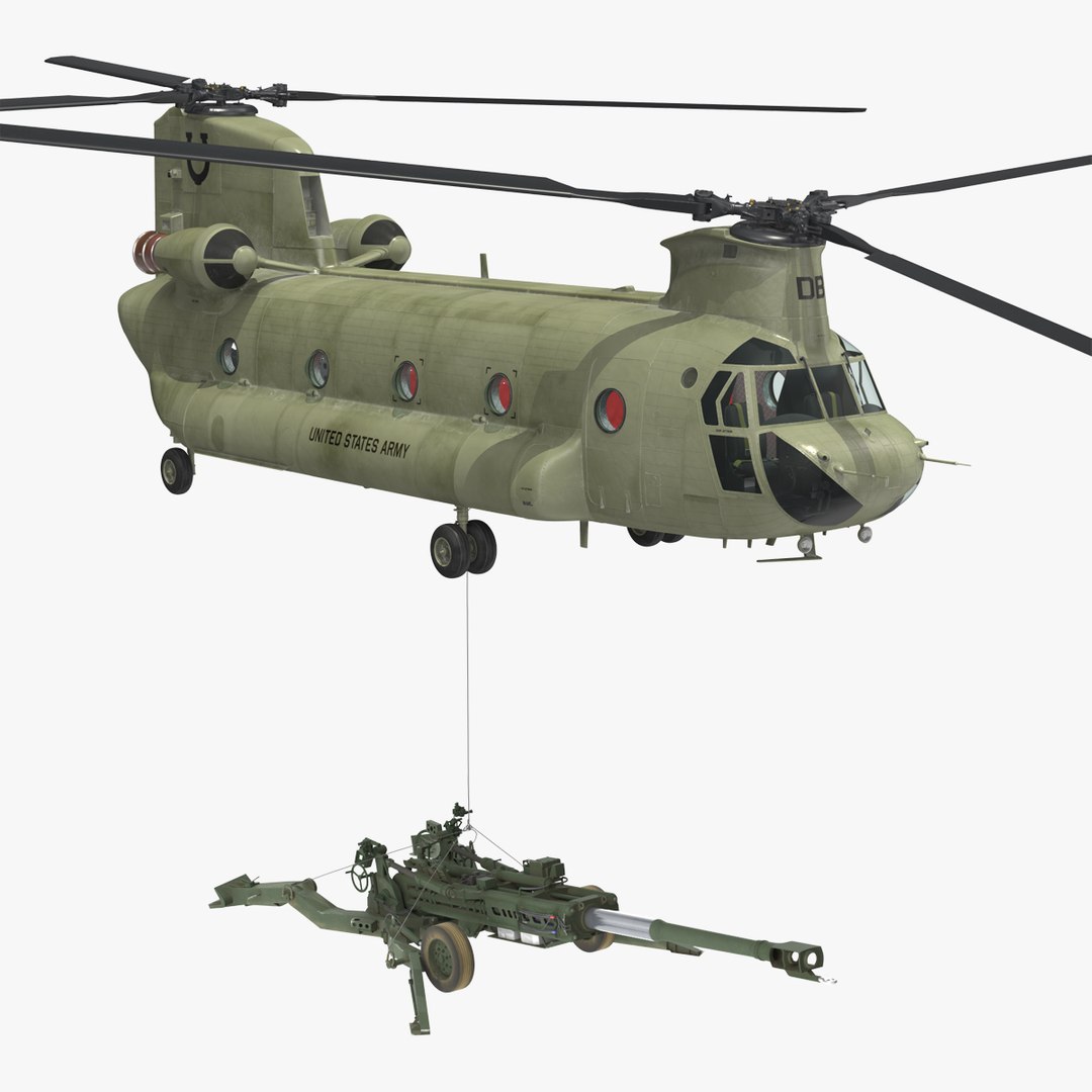 US Army Transport Helicopter With Howitzer M777 155mm 3D model preview