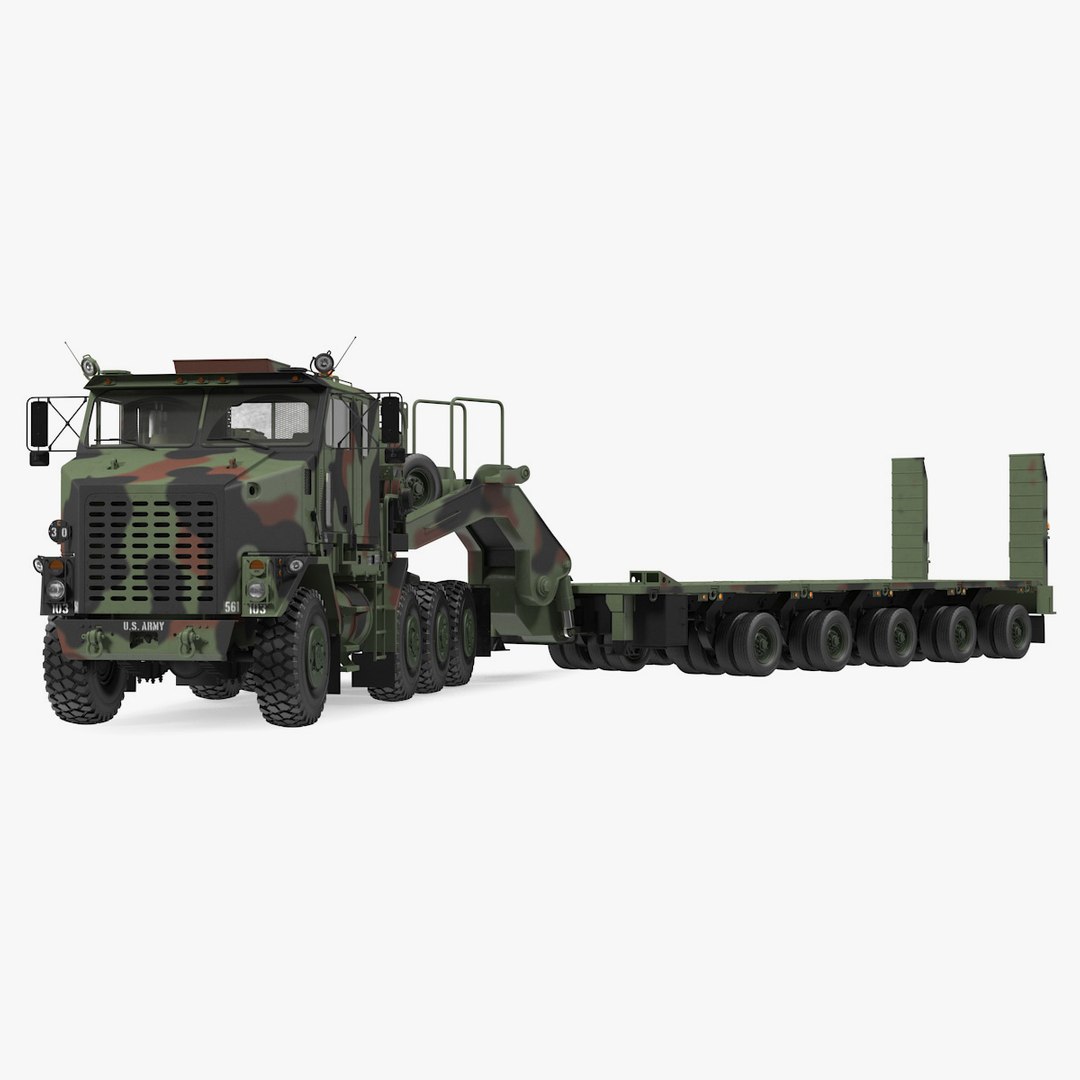 Oshkosh M1070 Tank Transporter Tractor with M1000 Semi-Trailer Camo Clean Rigged 3D model preview
