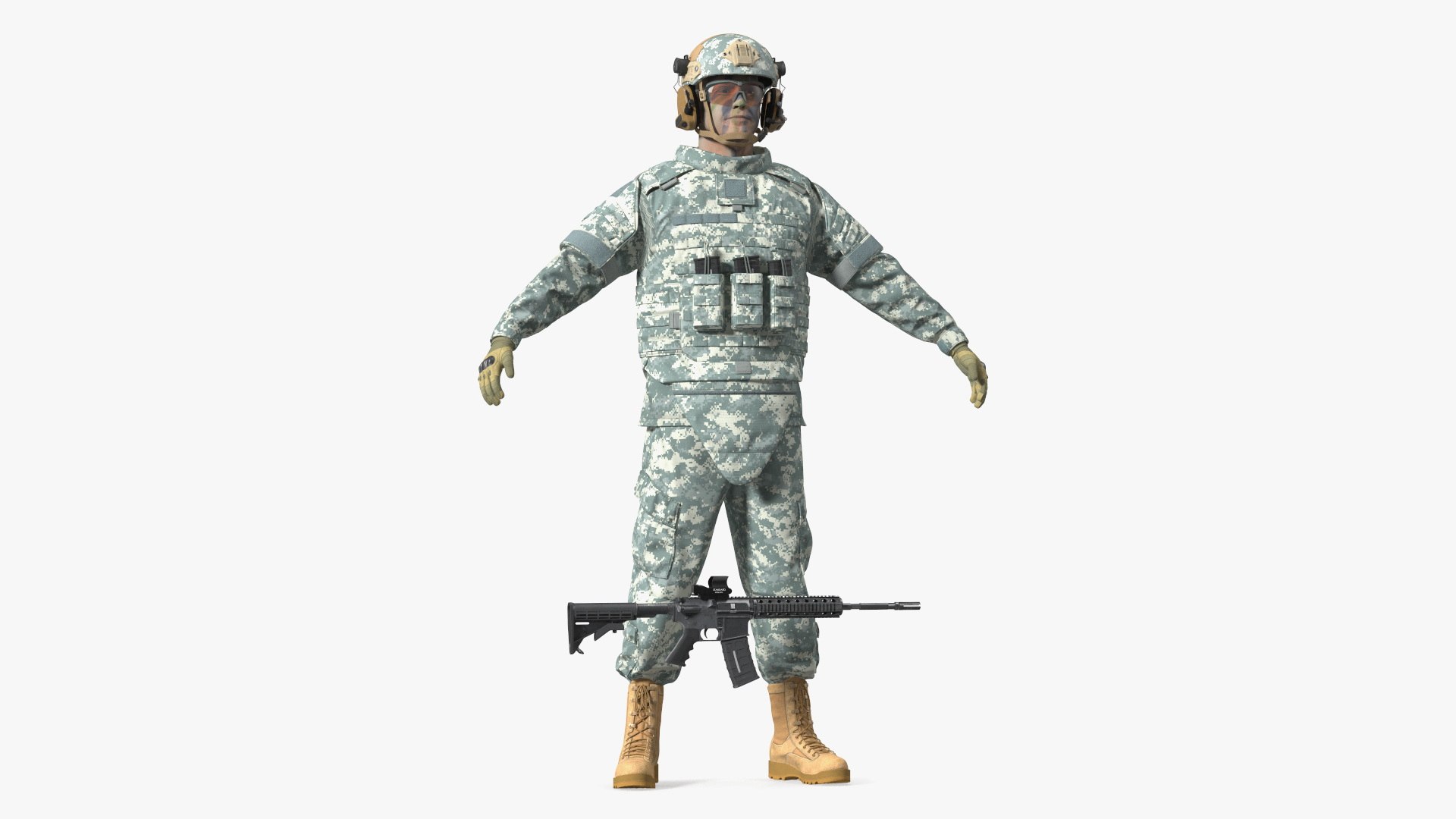 Soldier in Grey Gear and Assault Rifle A-pose 3D model preview