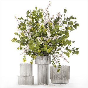 Bouquet of cherry blossom branches with green leaves in a vase 344
