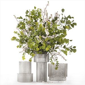Bouquet of cherry blossom branches with green leaves in a vase 344