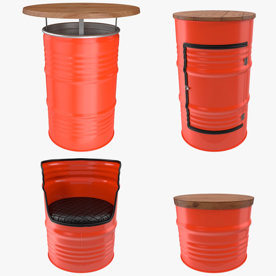 Upcycled Steel Drum Barrel Furniture Set 3D model preview
