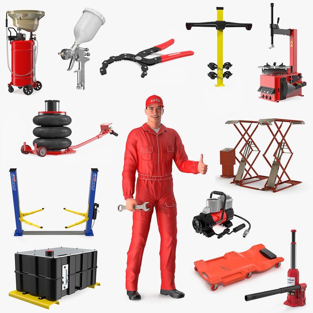 Rigged Auto Mechanic with Garage Equipment Collection 3D model preview
