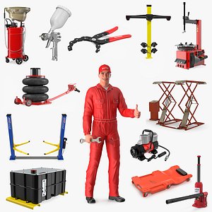 Rigged Auto Mechanic with Garage Equipment Collection