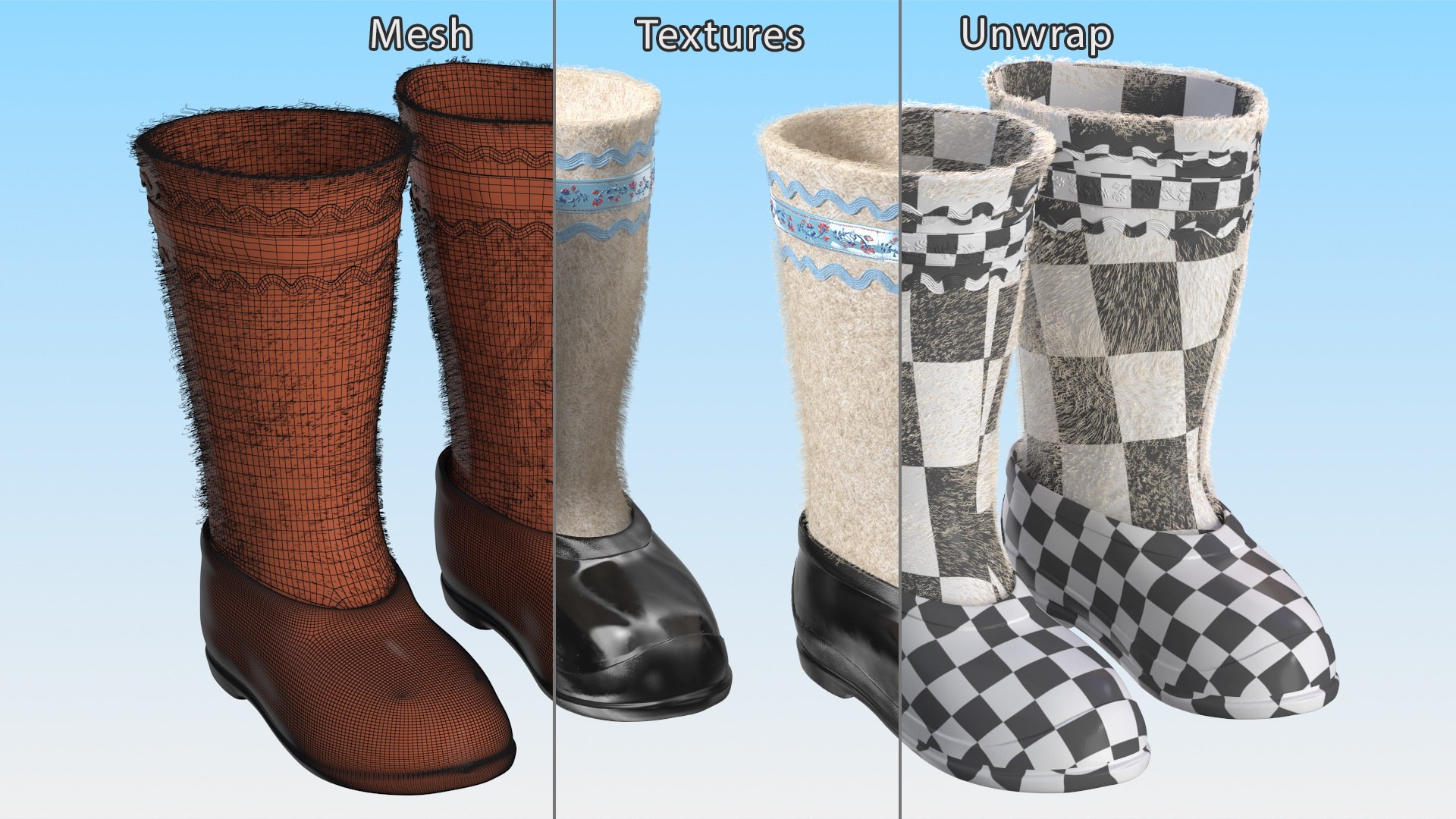 3D White Felt Boots With Rubber Waterproof Galoshes Fur model https://p.turbosquid.com/ts-thumb/x1/fTwqnL/Fx/whitefeltbootswithrubberwaterproofgaloshesfurvray3dmodel015/jpg/1663711586/1920x1080/fit_q87/85aacace789cf97f09eea157614508087e4d04db/whitefeltbootswithrubberwaterproofgaloshesfurvray3dmodel015.jpg