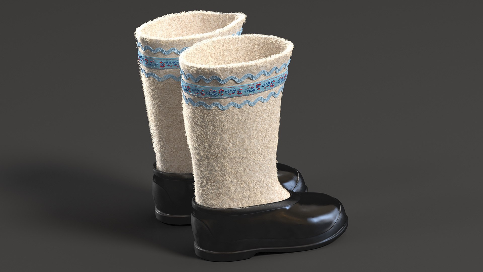 3D White Felt Boots With Rubber Waterproof Galoshes Fur model https://p.turbosquid.com/ts-thumb/x1/fTwqnL/ZQ/whitefeltbootswithrubberwaterproofgaloshesfurvray3dmodel003/jpg/1663711548/1920x1080/fit_q87/c04a98c64123fc429a56588941532fbc2e29a98a/whitefeltbootswithrubberwaterproofgaloshesfurvray3dmodel003.jpg