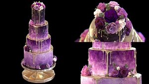 Luxury Wedding Cake with Flowers Tiered Floral Purple Gold Low-poly 3D model 3D model