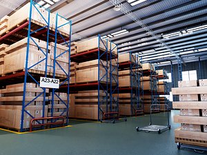 3D Warehouse Storage Racks Pallets Logistics Scene PBR Game Ready