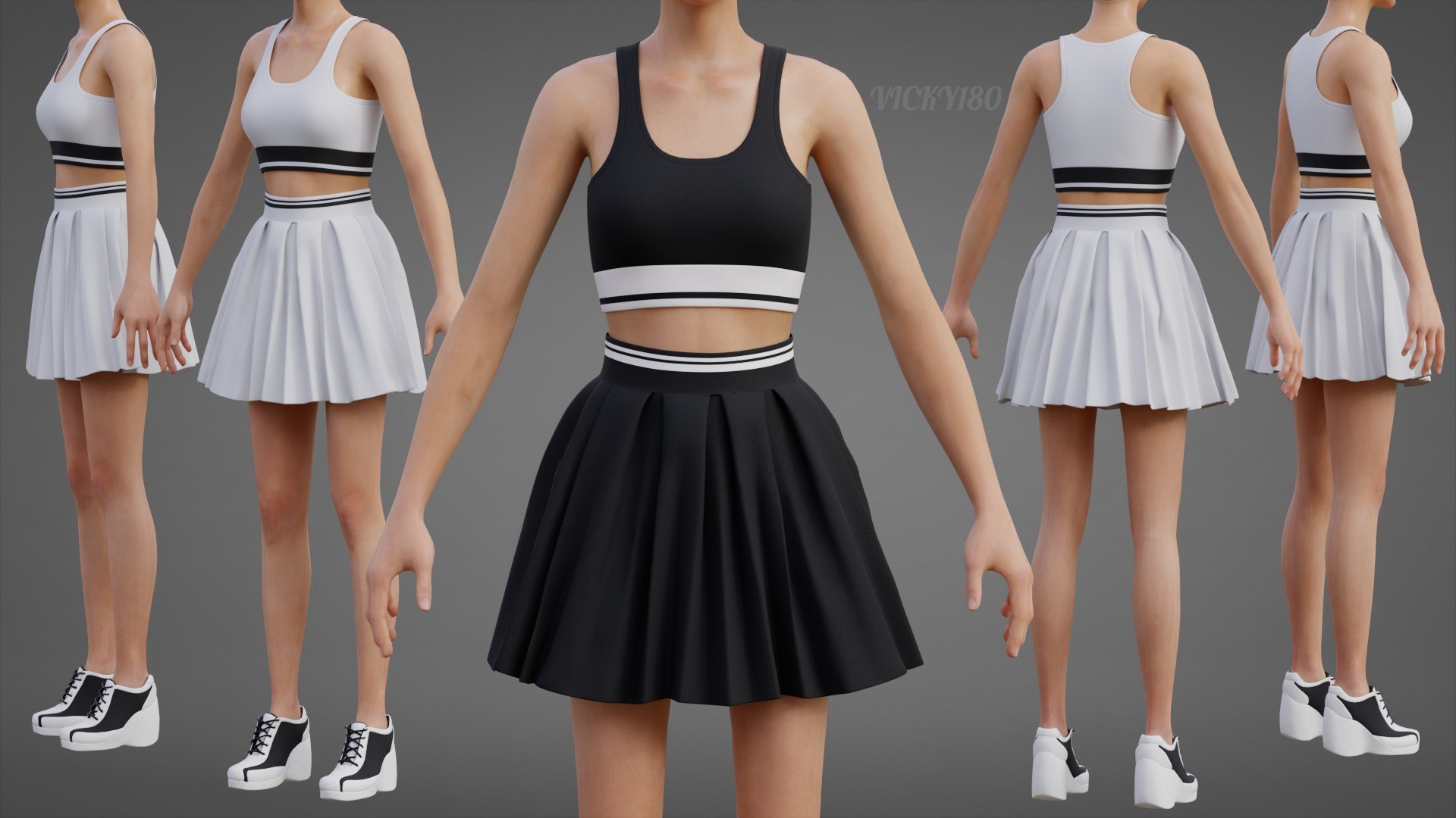 Black and White Sports Wear Tennis Outfit Set - Sports Bra Tank Top with Pleated Mini Skirt Clothing 3D model https://p.turbosquid.com/ts-thumb/x5/8LQvHN/5Y/thumbnail6ab/jpg/1783082814/1920x1080/fit_q87/d9d1fb1d6e111ca1eac4d2ca1ad232b87241589f/thumbnail6ab.jpg
