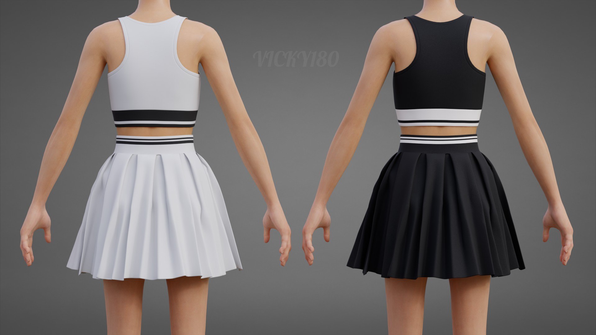Black and White Sports Wear Tennis Outfit Set - Sports Bra Tank Top with Pleated Mini Skirt Clothing 3D model https://p.turbosquid.com/ts-thumb/x5/8LQvHN/6Q/thumbnail1/jpg/1783082804/1920x1080/fit_q87/f24758f8d8d79ed77c315fbca8d5d54e579d1591/thumbnail1.jpg