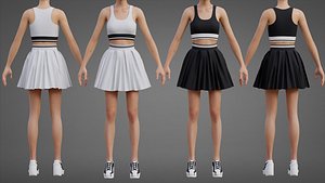 Black and White Sports Wear Tennis Outfit Set - Sports Bra Tank Top with Pleated Mini Skirt Clothing 3D model