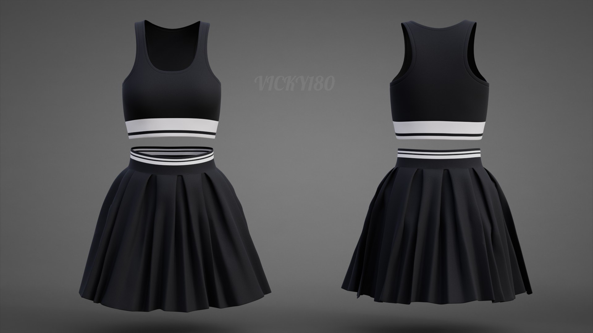 Black and White Sports Wear Tennis Outfit Set - Sports Bra Tank Top with Pleated Mini Skirt Clothing 3D model https://p.turbosquid.com/ts-thumb/x5/8LQvHN/Hx/thumbnail3a/jpg/1783082809/1920x1080/fit_q87/3dd7f8c1de093a63845d43ae3af33ac489f22143/thumbnail3a.jpg