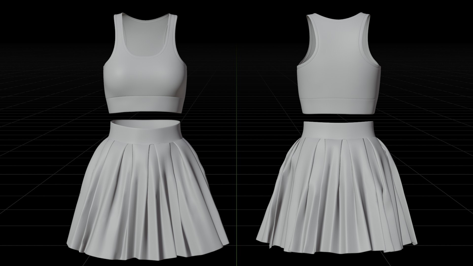 Black and White Sports Wear Tennis Outfit Set - Sports Bra Tank Top with Pleated Mini Skirt Clothing 3D model https://p.turbosquid.com/ts-thumb/x5/8LQvHN/IW/viewport/jpg/1783085087/1920x1080/fit_q87/cf691e3e2fab9c7a3df557df1ce78666cd3d5318/viewport.jpg