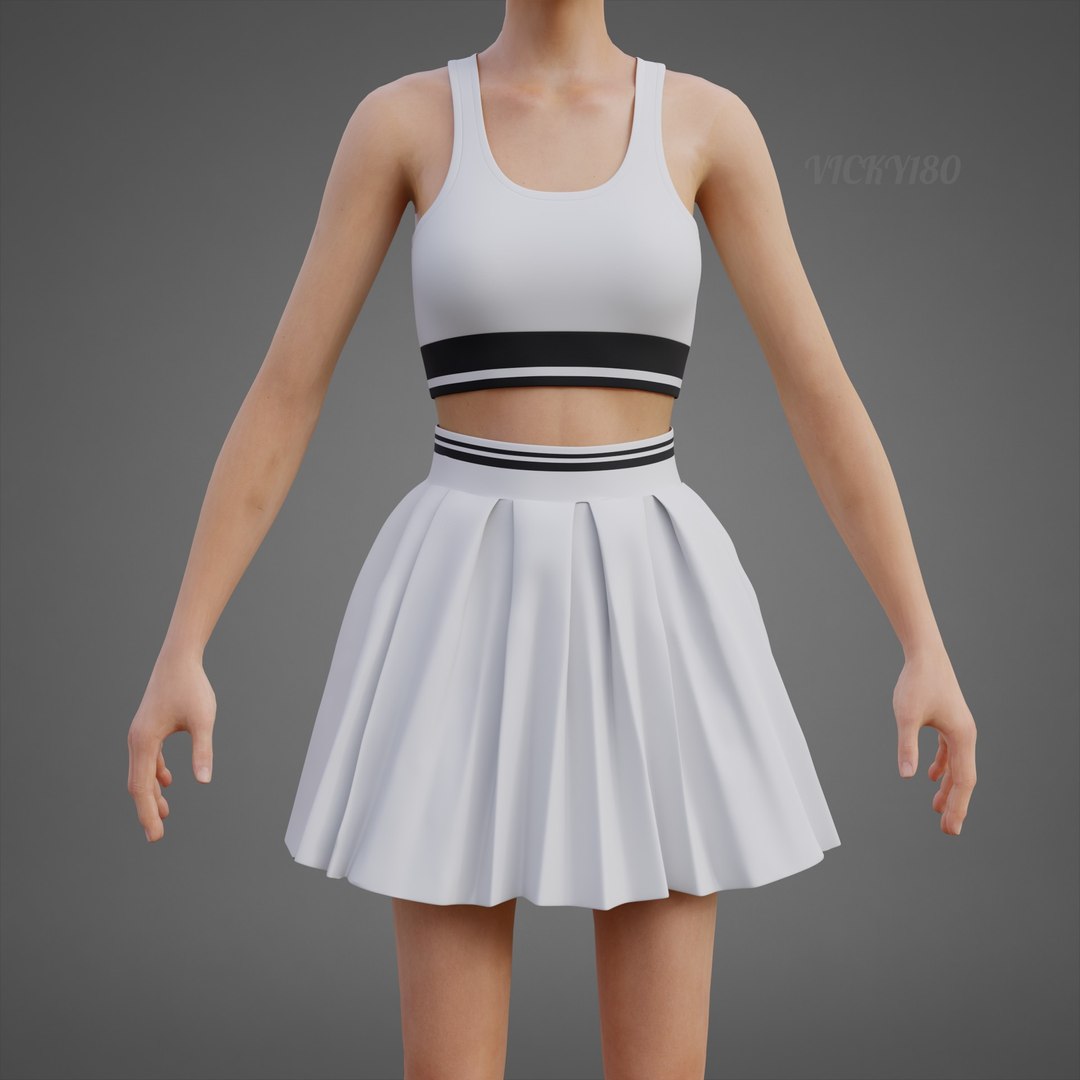 Black and White Sports Wear Tennis Outfit Set - Sports Bra Tank Top with Pleated Mini Skirt Clothing 3D model https://p.turbosquid.com/ts-thumb/x5/8LQvHN/QJ/0001/jpg/1783083854/1920x1080/fit_q87/90223e061bbeeea334c3720951edc6368a05eec8/0001.jpg
