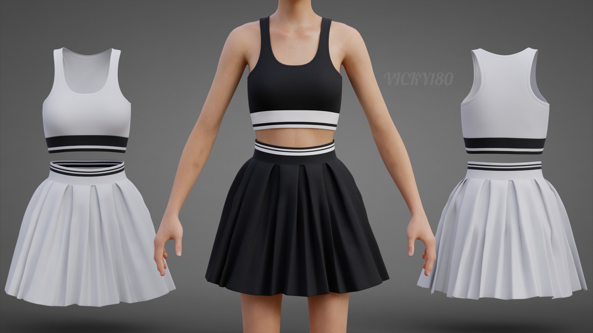 Black and White Sports Wear Tennis Outfit Set - Sports Bra Tank Top with Pleated Mini Skirt Clothing 3D model https://p.turbosquid.com/ts-thumb/x5/8LQvHN/S0/thumbnail4a/jpg/1783082810/1920x1080/fit_q87/48584252d4de2225664b941fe89a7165dcb20109/thumbnail4a.jpg