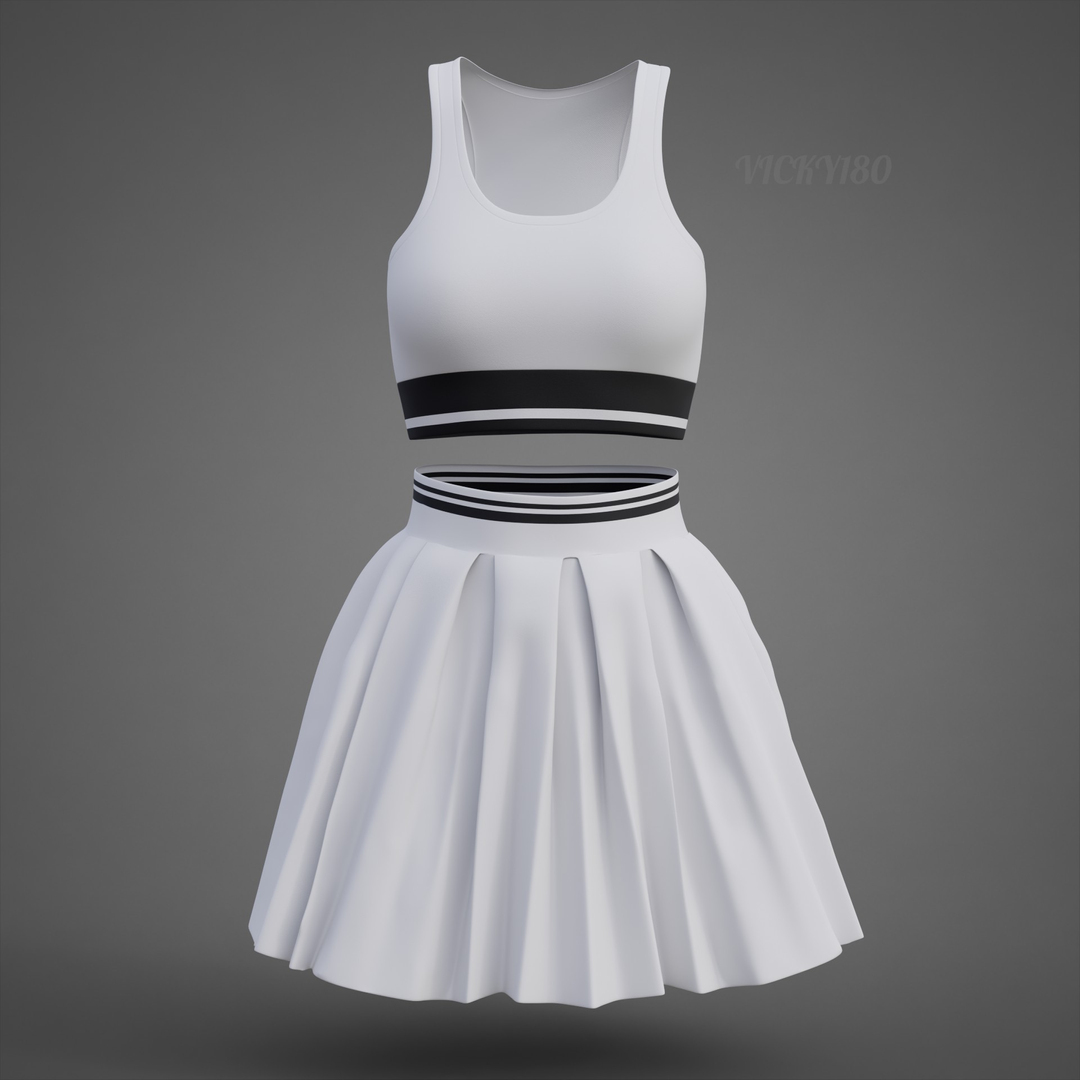 Black and White Sports Wear Tennis Outfit Set - Sports Bra Tank Top with Pleated Mini Skirt Clothing 3D model https://p.turbosquid.com/ts-thumb/x5/8LQvHN/TC/outfit/jpg/1783083002/1920x1080/turn_fit_q99/d1dc29a814f4f34d14db033731bf6d33aed6c822/outfit-1.jpg