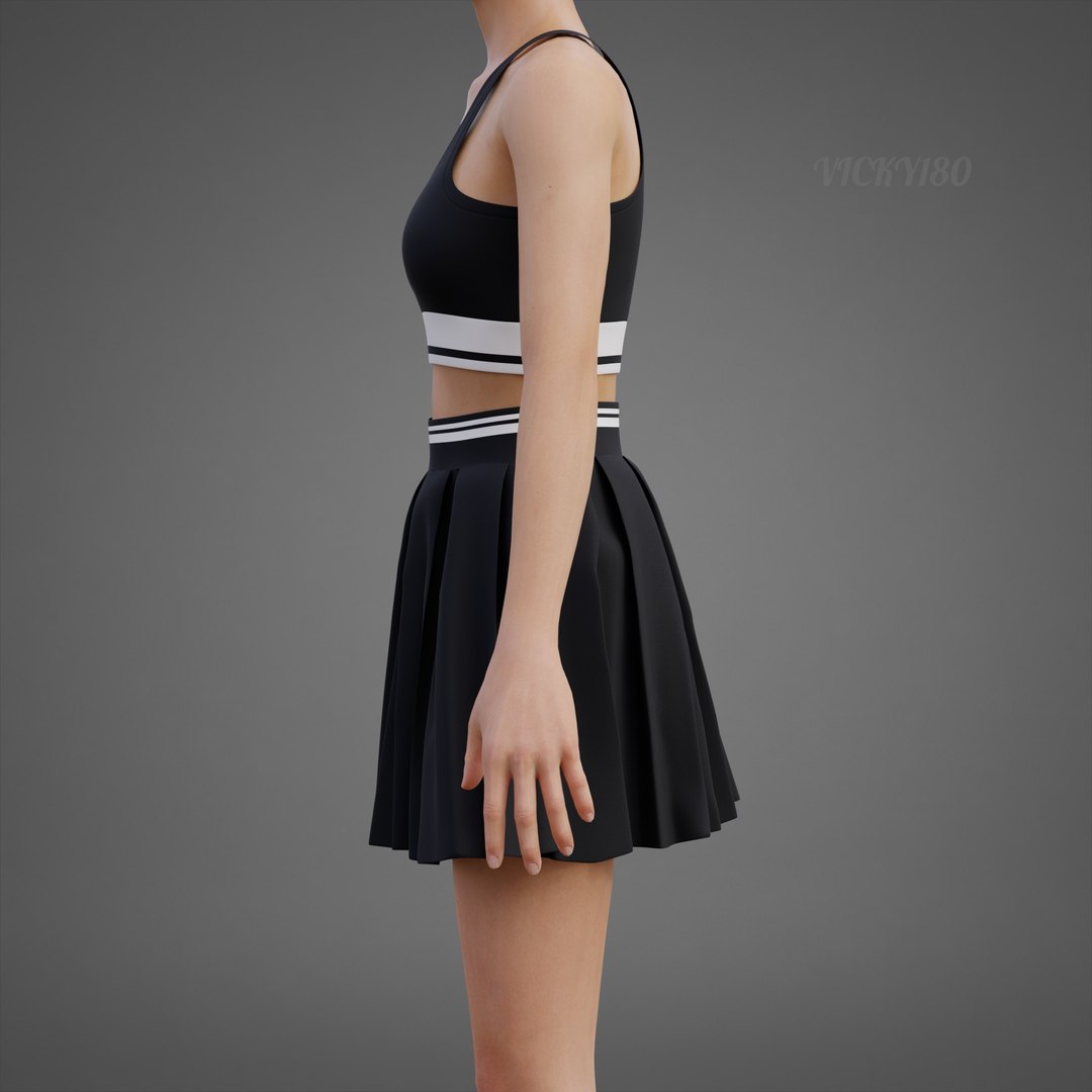 Black and White Sports Wear Tennis Outfit Set - Sports Bra Tank Top with Pleated Mini Skirt Clothing 3D model https://p.turbosquid.com/ts-thumb/x5/8LQvHN/Yk/black0003/jpg/1783083861/1920x1080/fit_q87/f73415e6af1f3e528c419fbac9ccd8871d886308/black0003.jpg