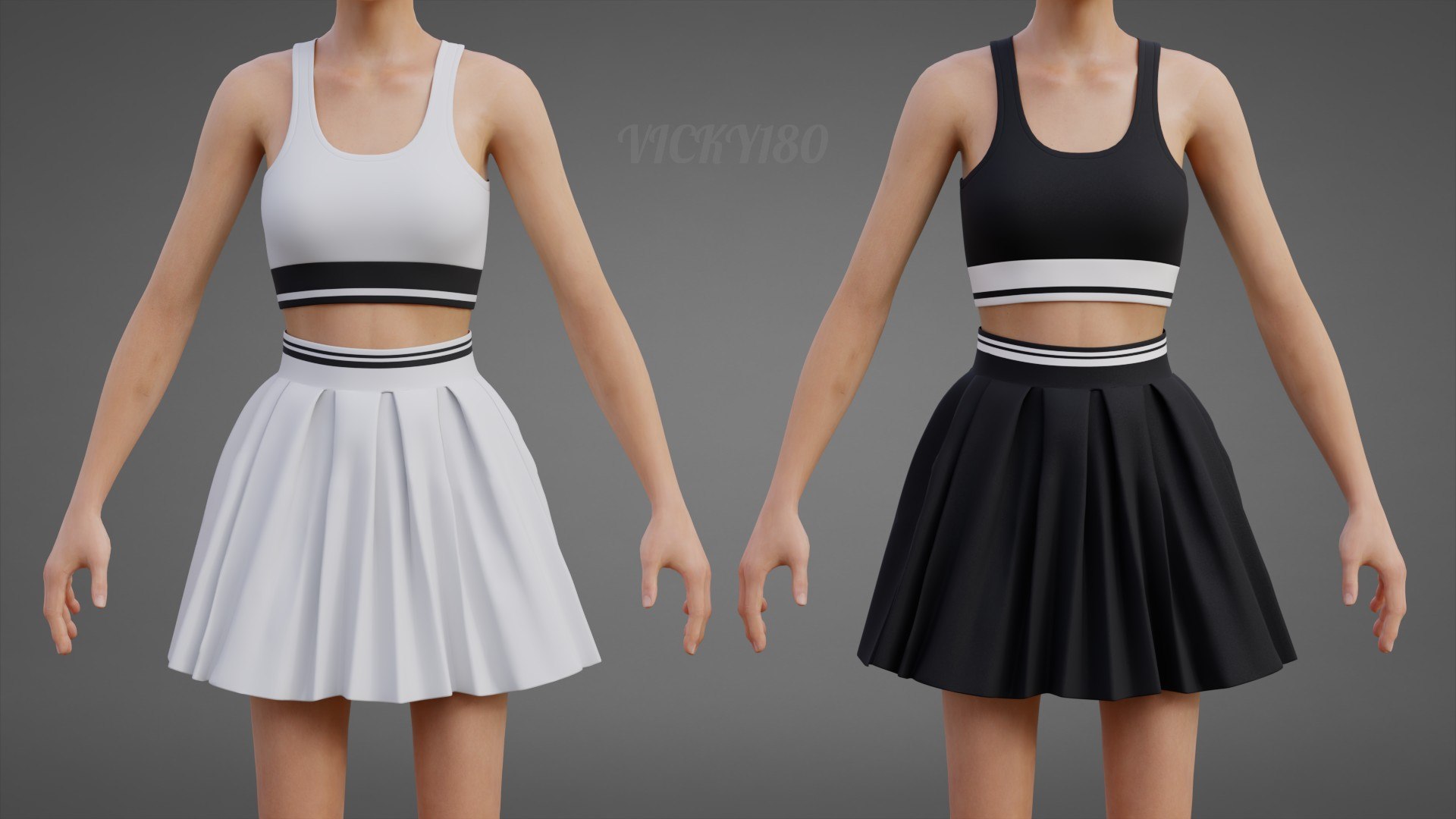 Black and White Sports Wear Tennis Outfit Set - Sports Bra Tank Top with Pleated Mini Skirt Clothing 3D model https://p.turbosquid.com/ts-thumb/x5/8LQvHN/ZR/thumbnail/jpg/1783082804/1920x1080/fit_q87/94fa7691ff3073201c28020fc027eada383b7680/thumbnail.jpg